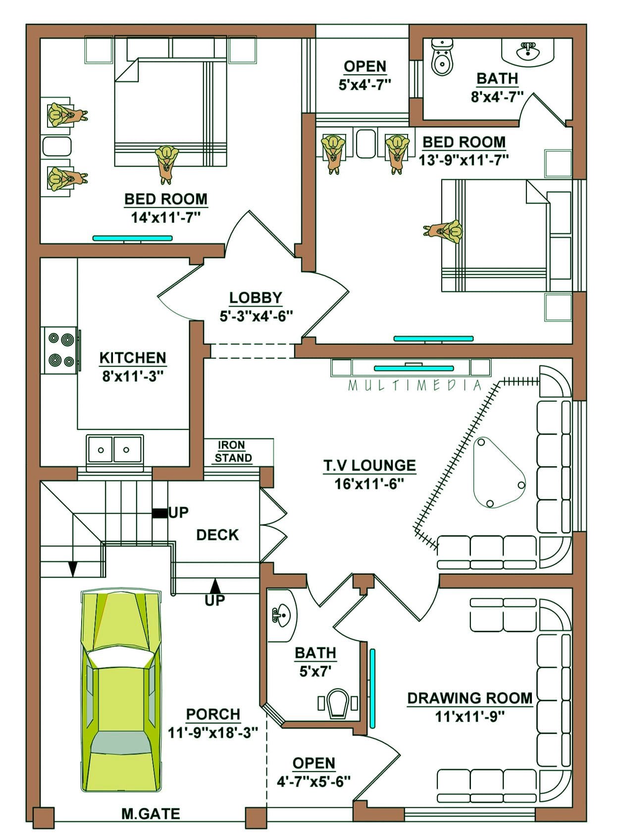 30x45 Floor Plan with 3BHK