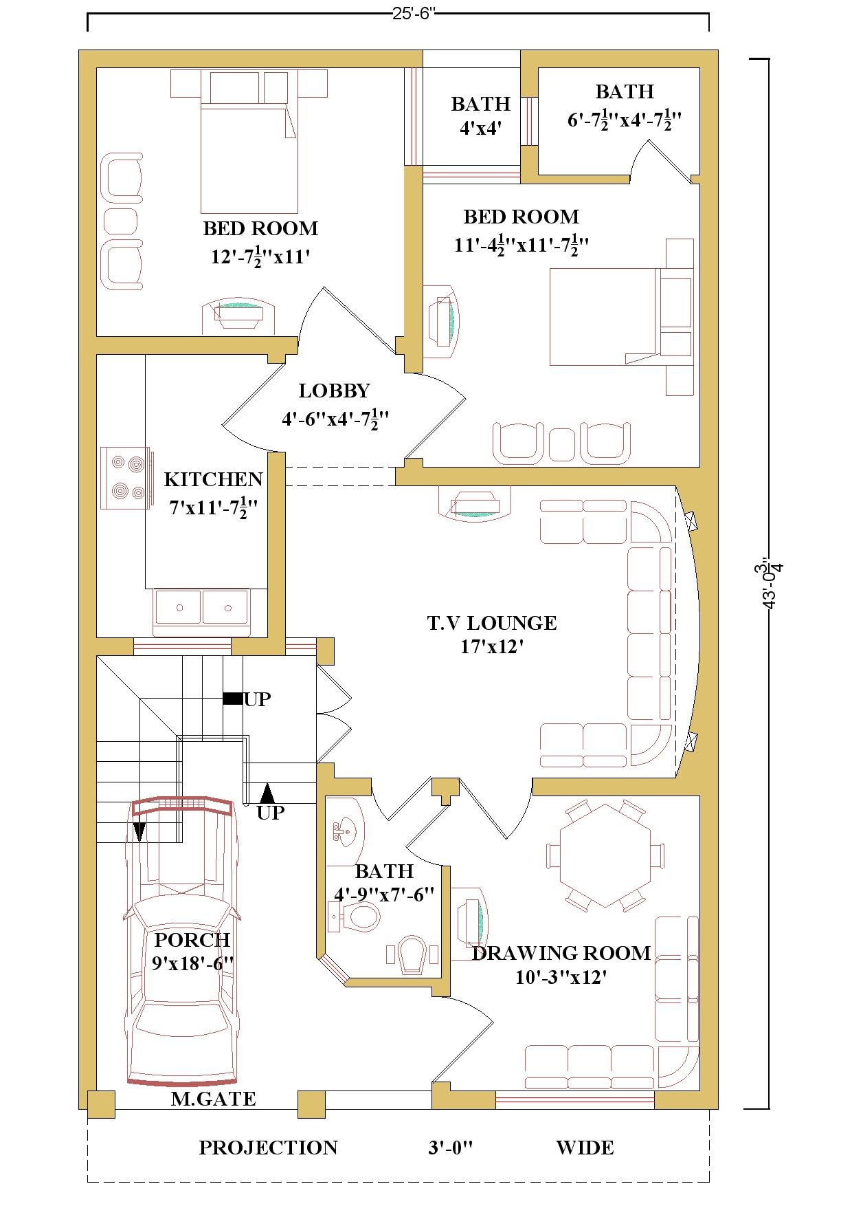 25x43 House Floor Plan